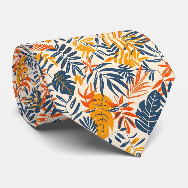 Colorful tropical tiled leaf pattern neck tie (Rolled)