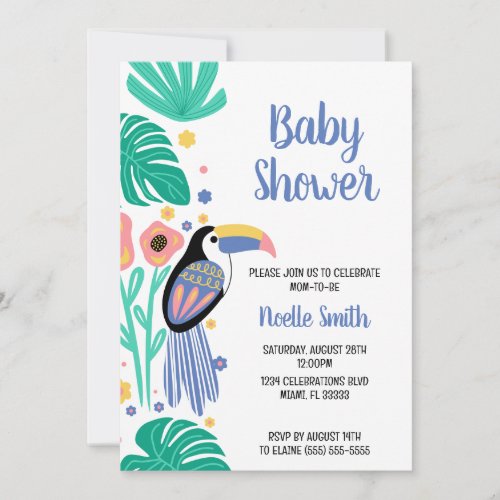 Colorful Tropical Toucan Bird Flowers Baby Shower Invitation