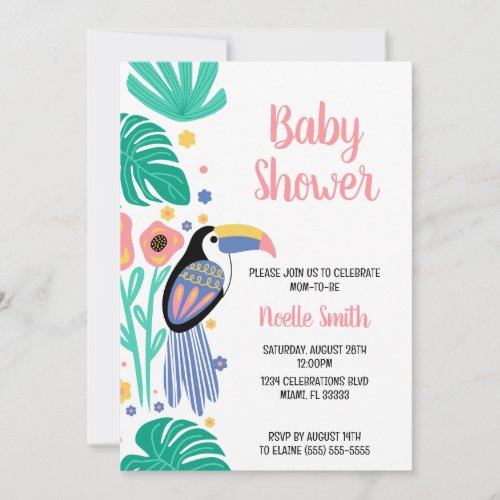 Colorful Tropical Toucan Bird Flowers Baby Shower Invitation