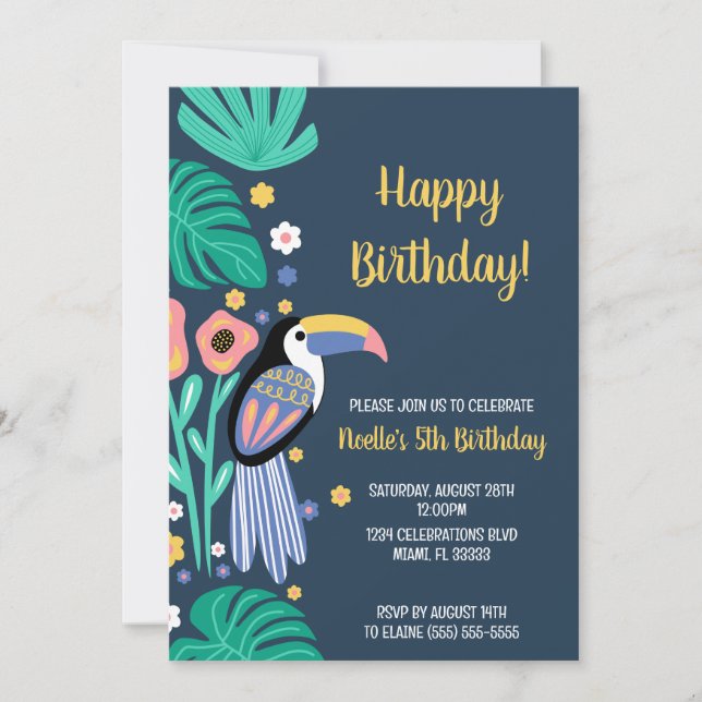 Colorful Tropical Toucan Bird Flowers Birthday Invitation (Front)