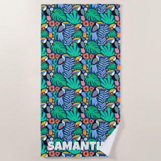 Colorful Tropical Toucan Bird Flowers Plants, Name Beach Towel