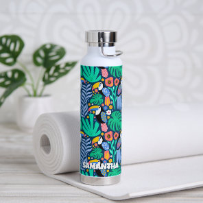 Colorful Tropical Toucan Bird Flowers Plants, Name Water Bottle