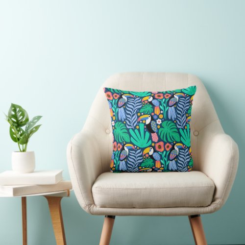 Colorful Tropical Toucan Bird Flowers Plants Throw Pillow