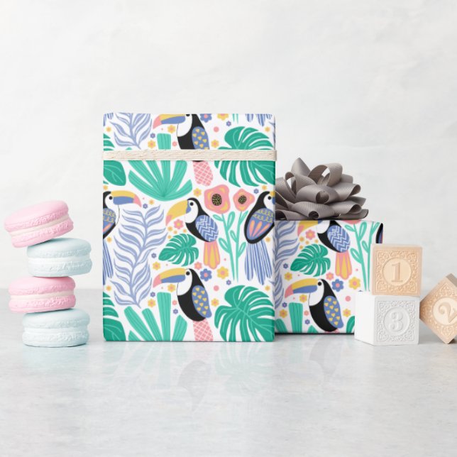 Colorful Tropical Toucan Bird Flowers Plants Wrapping Paper (Baby Shower)