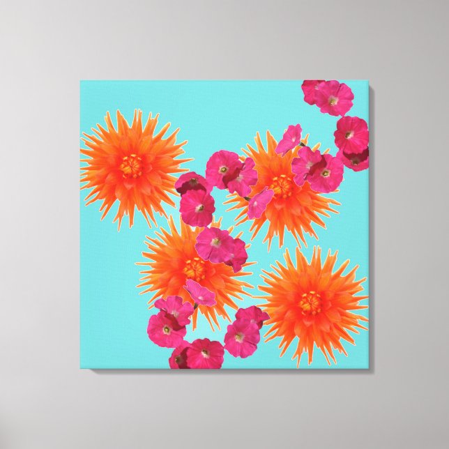 Colorful Tropical Turquoise Orange Pink Flowers Canvas Print (Front)