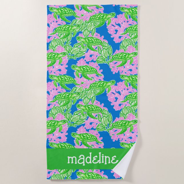 Colorful Tropical Turtles Pattern Personalized Beach Towel (Front)
