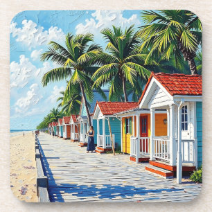 Colorful Tropical Vibrant Beach Huts Beverage Coaster