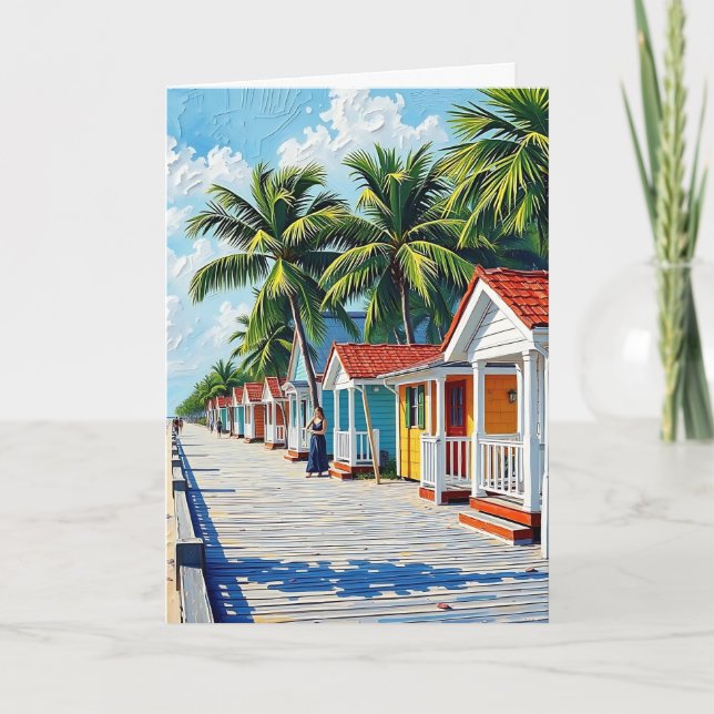Colorful Tropical Vibrant Beach Huts Birthday Card (Front)