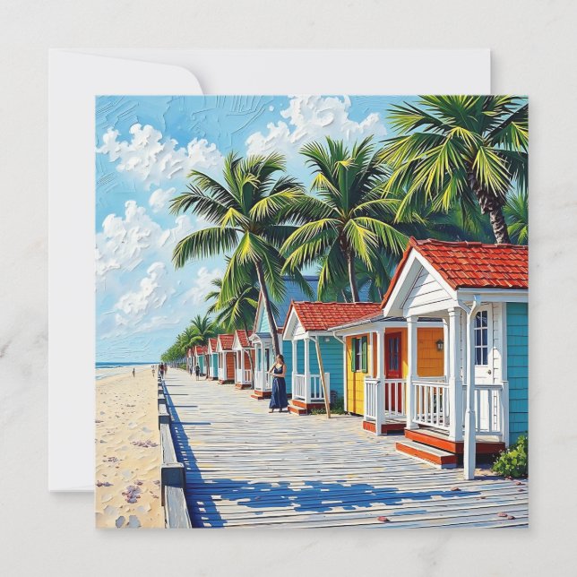 Colorful Tropical Vibrant Beach Huts  Holiday Card (Front)