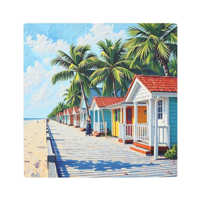 Colorful Tropical Vibrant Beach Huts Metal Print (Front)