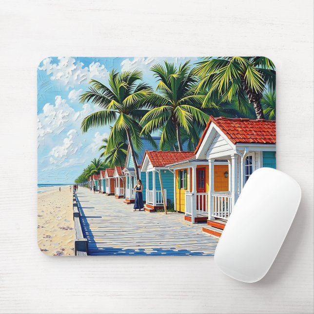 Colorful Tropical Vibrant Beach Huts Mouse Pad (With Mouse)