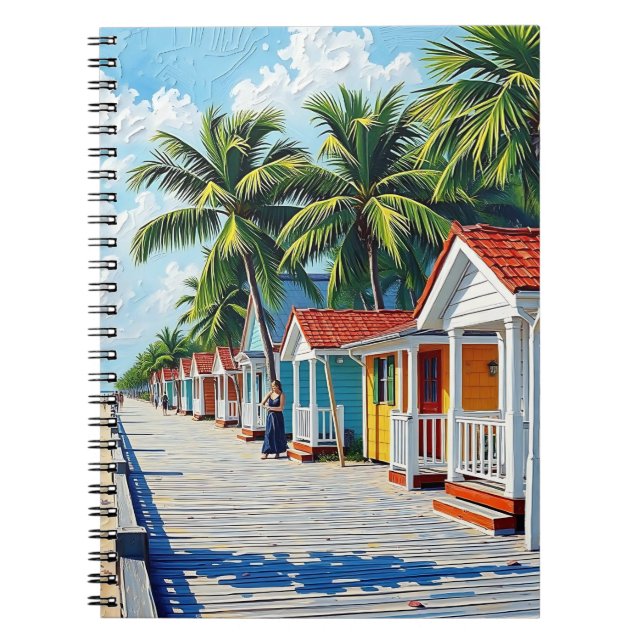 Colorful Tropical Vibrant Beach Huts Notebook (Front)