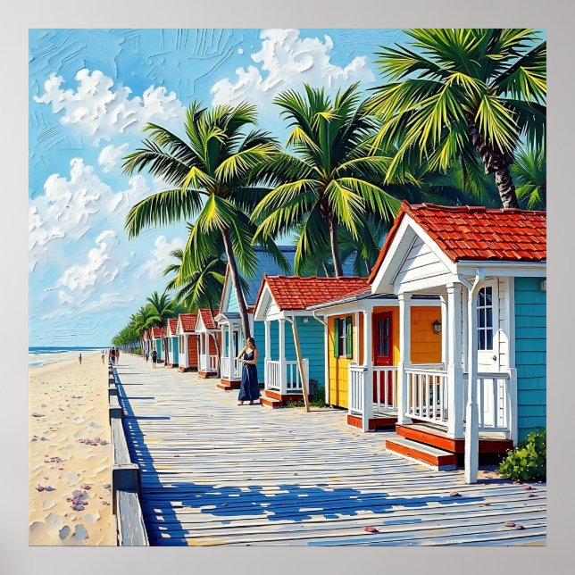 Colorful Tropical Vibrant Beach Huts Poster (Front)