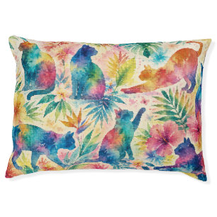 Colorful Tropical Watercolor Cat Silhouettes Pet Bed