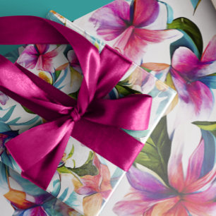 Colorful Tropical Watercolor Floral Hawaiian Wrapping Paper