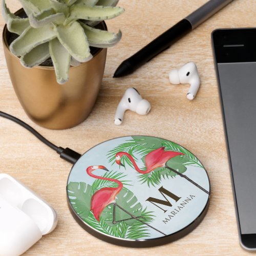 Colorful Tropical Watercolor Wildlife Flamingos Wireless Charger