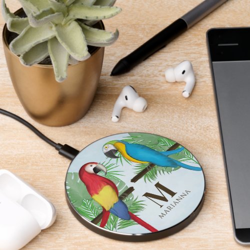 Colorful Tropical Watercolor Wildlife Parrot Birds Wireless Charger