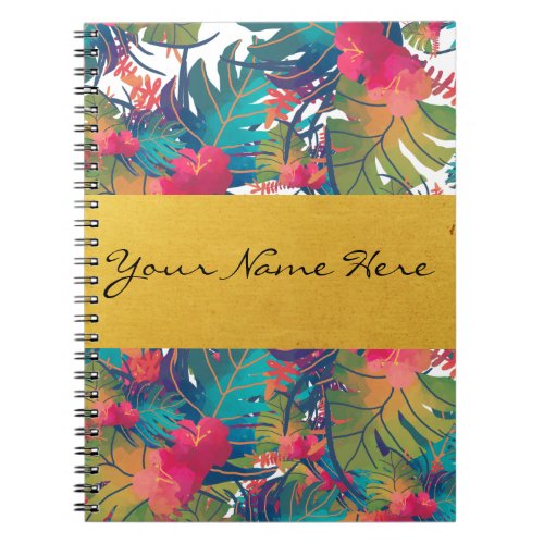 Colorful Tropical Watercolors with Gold Name Strip Notebook