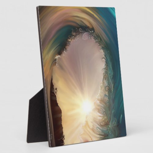 Colorful tropical wave breaking at sunset plaque
