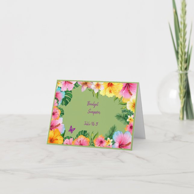 colorful tropical wedding guest name seating card (Front)