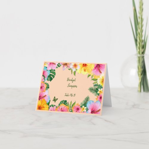 colorful tropical wedding guest name seating card