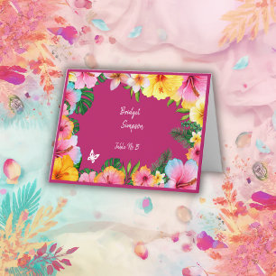 colorful tropical wedding guest name seating card
