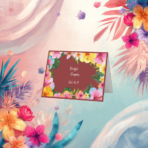colorful tropical wedding guest name seating card