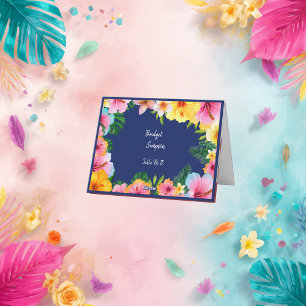 colorful tropical wedding guest name seating card