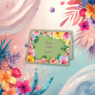 colorful tropical wedding guest name seating card