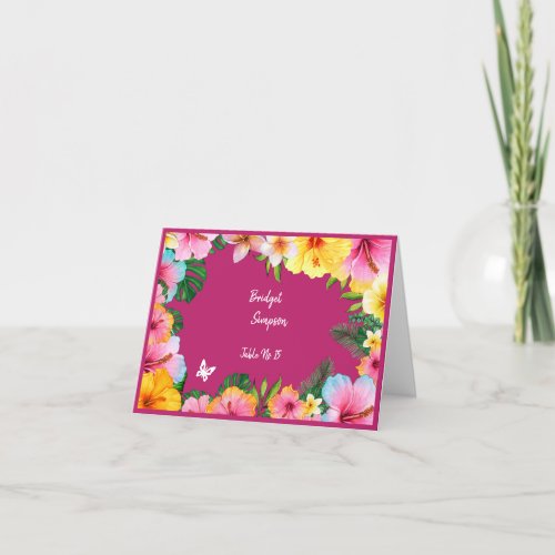 colorful tropical wedding guest name seating card