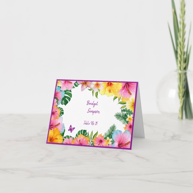 colorful tropical wedding guest name seating card (Front)