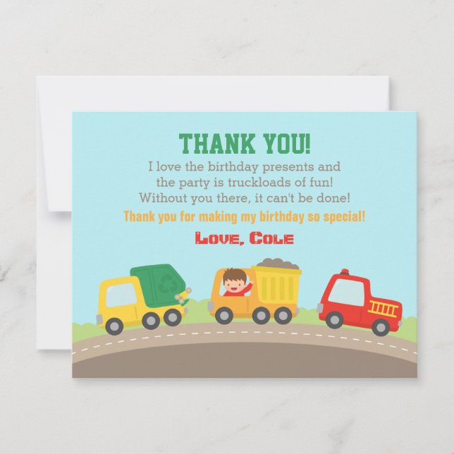 Colorful Truck Boys Birthday Thank You Card (Front)
