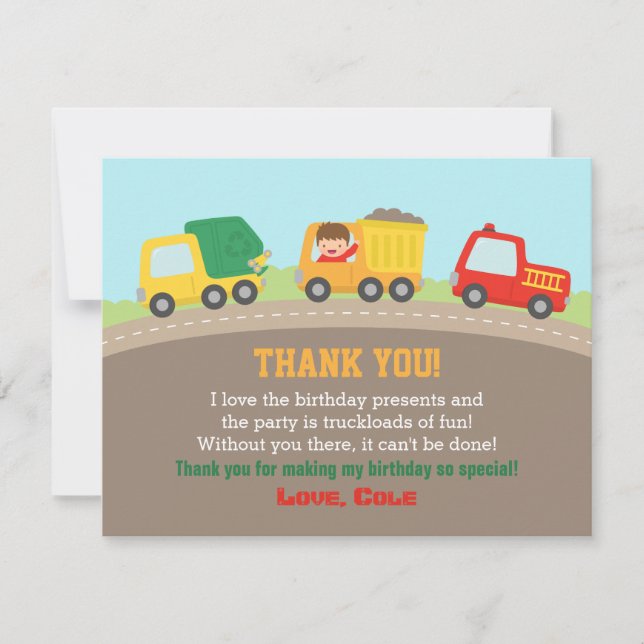 Colorful Trucks Boys Birthday Thank You Card (Front)