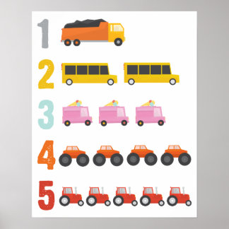 Colorful Trucks Number Nursery Art Poster