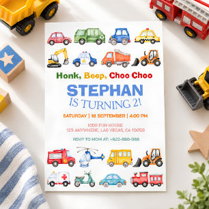Colorful Trucks & Vehicles Birthday Invitation