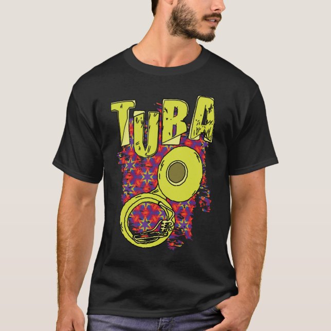 Colorful Tuba Text and Pattern T-Shirt (Front)