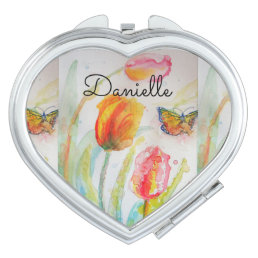 Colorful Tulip and Butterfly Name Compact Mirror