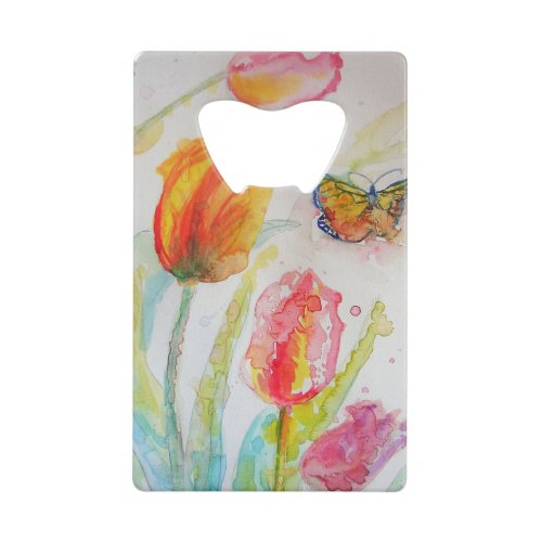 Colorful Tulip and Butterfly Watercolor floral Credit Card Bottle Opener