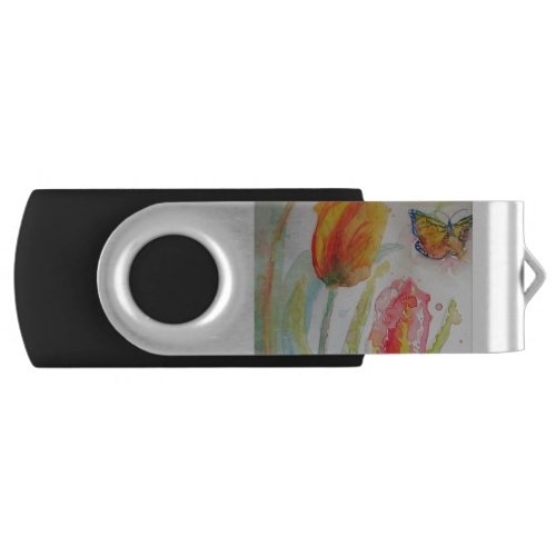 Colorful Tulip and Butterfly Watercolor floral Flash Drive