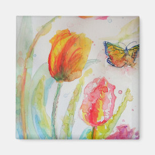 Colorful Tulip and Butterfly Watercolor floral Magnet