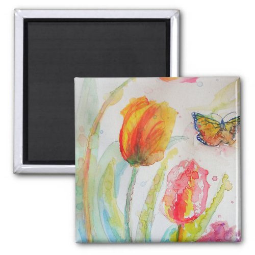 Colorful Tulip and Butterfly Watercolor floral Magnet