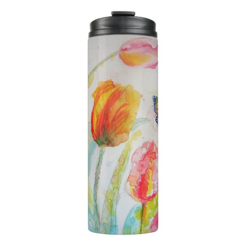 Colorful Tulip and Butterfly Watercolor floral Th Thermal Tumbler