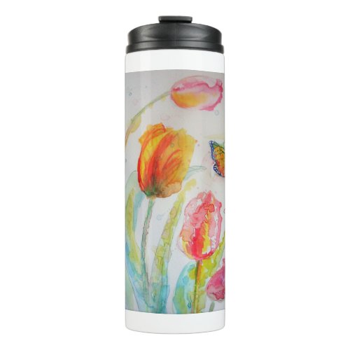 Colorful Tulip and Butterfly Watercolor floral Thermal Tumbler