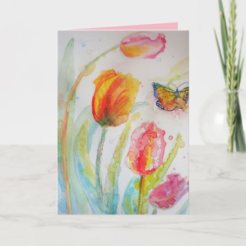 Colorful Tulip and Butterfly Watercolor Greetings Card