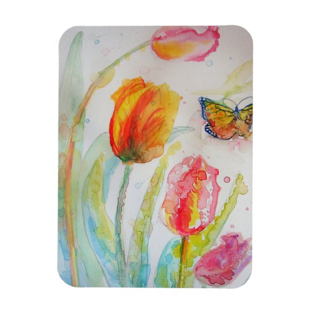 Colorful Tulip and Butterfly Watercolor Greetings Magnet (Vertical)