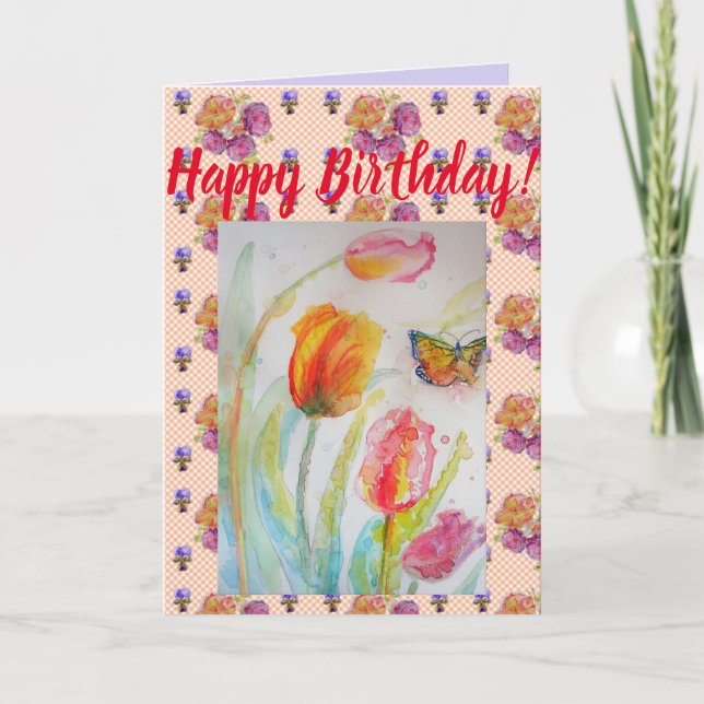 Colorful Tulip and Butterfly Watercolour art Card (Front)