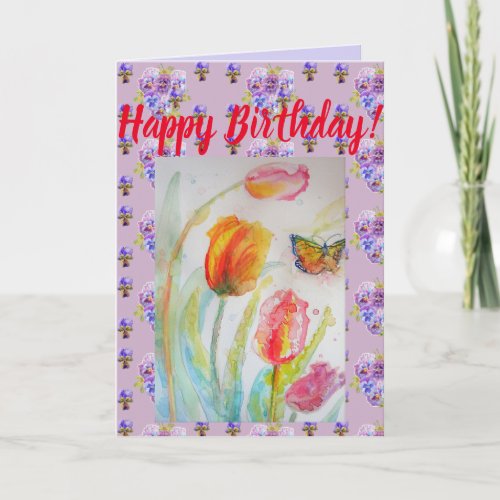 Colorful Tulip and Butterfly Watercolour art Card