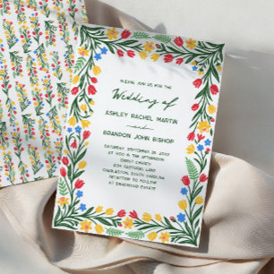 Colorful Tulip and Daffodil Folk Art Wedding Invitation