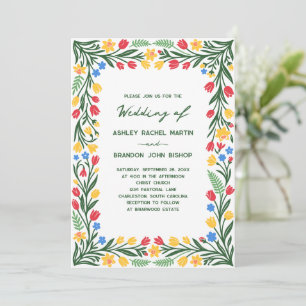Colorful Tulip and Daffodil Folk Art Wedding Invitation