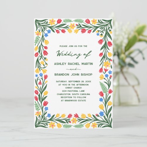 Colorful Tulip and Daffodil Folk Art Wedding Invitation